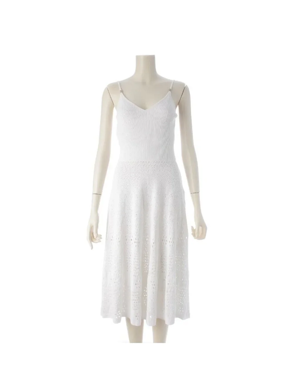 Chanel CC Logo Rhinestone Flower Knit Dress White 36